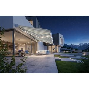 Store banne coffre intégral Neptune 9900 avec 3 bandeaux d’éclairage LED présents sur les bras et la barre de charge | SUNNY INCH