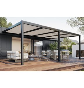 Pergola bioclimatique adossée à lames orientables en aluminium - <strong>Armature gris anthracite RAL 7016 - Lames blanc RAL 9016</strong> - Pluton 5730 - SUNNY INCH