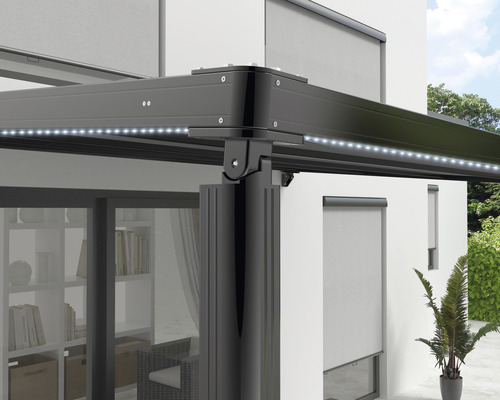 Pergola Murale FRÉJUS 3x4 M - Structure Aluminium Anthracite - Toile Polyester Déperlante Grise - Toit Rétractable
