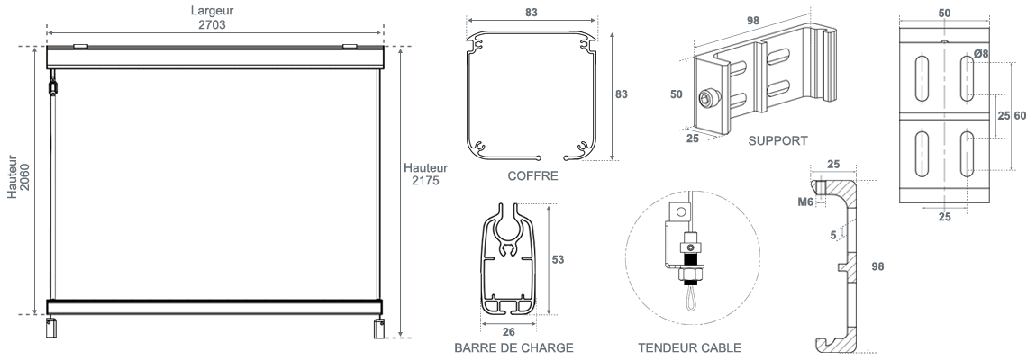 encombrement du store vertical 270 x 218 cm avec guidage par câble vénus 1962 sunny inch