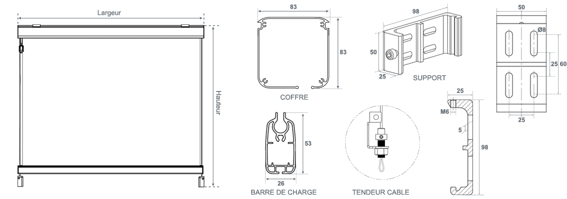 encombrement du store vertical avec guidage par câble vénus 1962 sunny inch